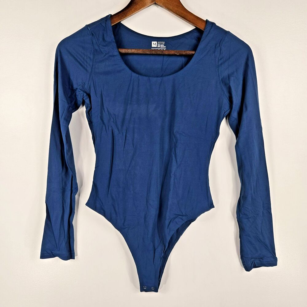 HYZ Women's Size Medium Meridian Blue Long Sleeve Snap Closure Bodysuit NWOT‎